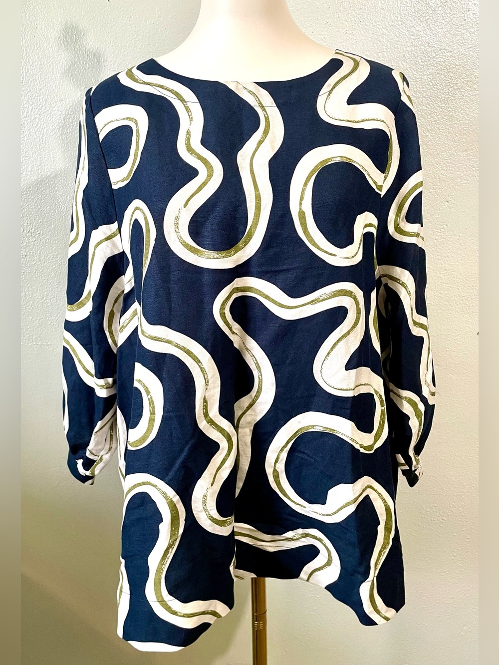Regatta Blue European Linen 3/4 Sleeve Top Sz 16 Abstract Artwear Boho Gallery